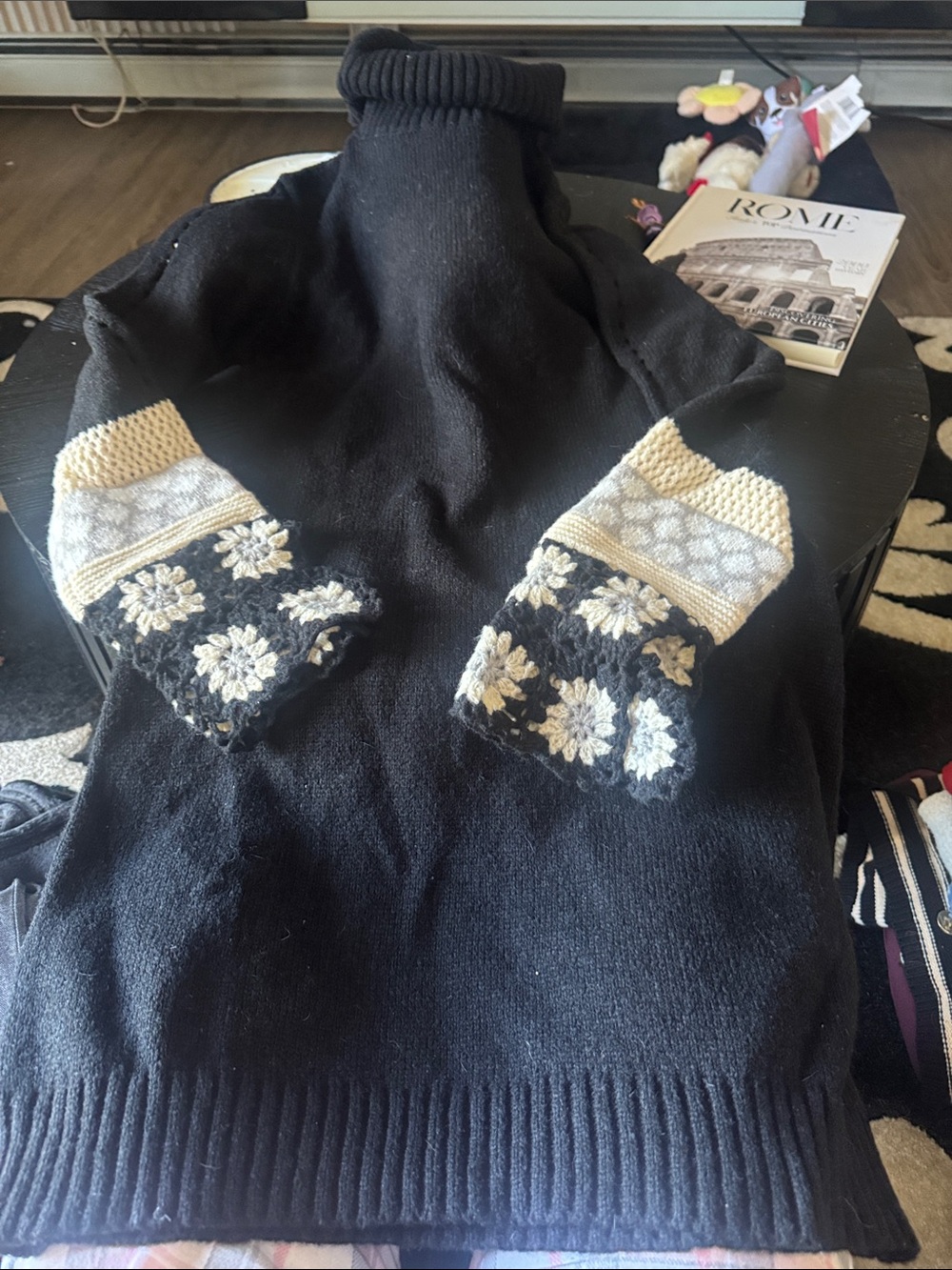 Black Turtleneck Sweater dress  with Cream Patterned Cuffs